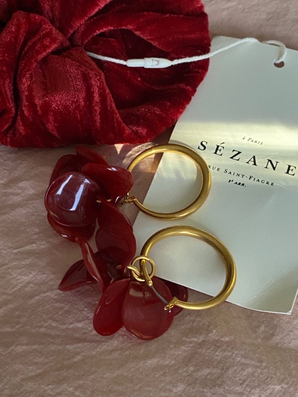 Red Flora Earrings & Velour Hair Tie NWT